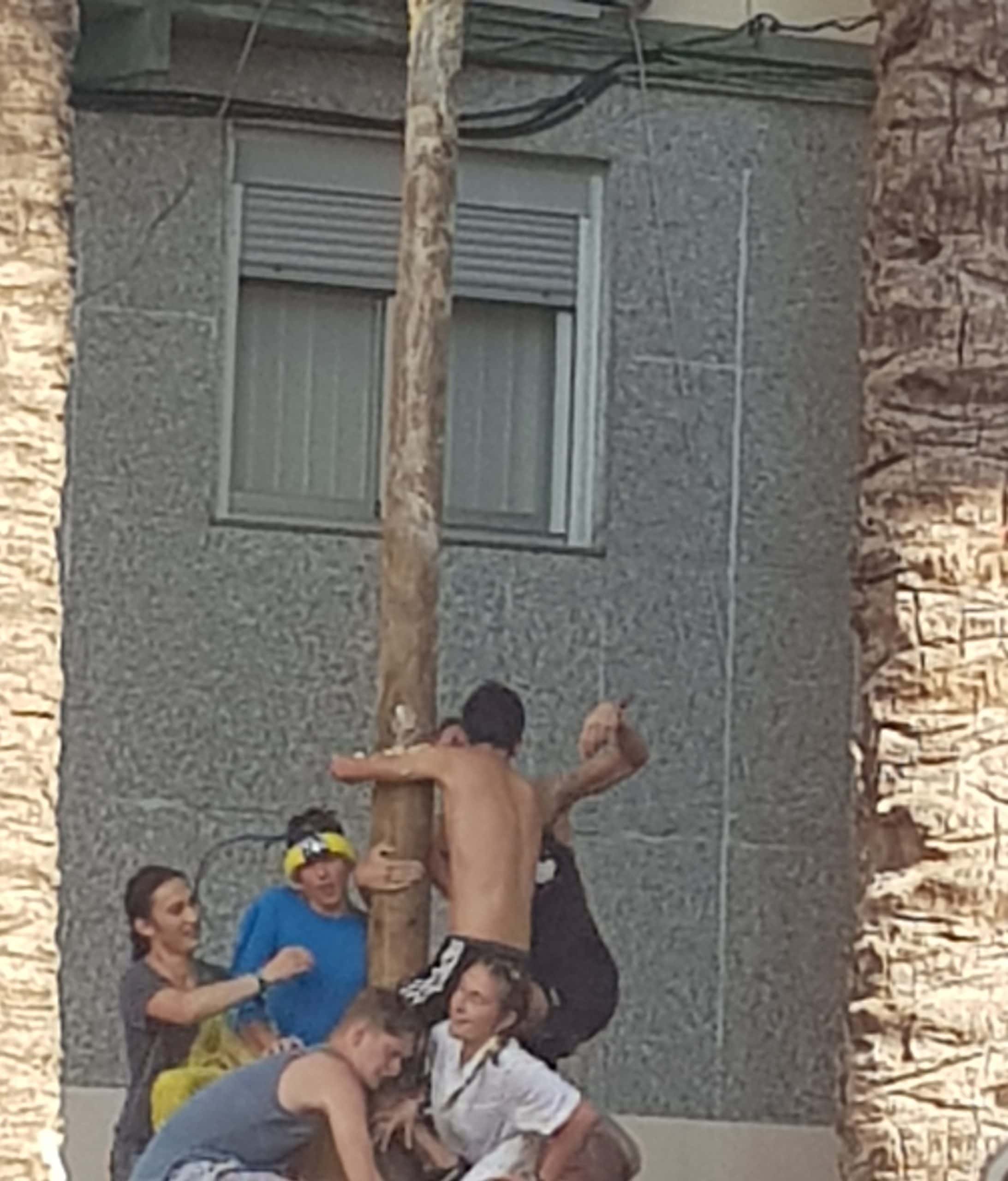 Image of a bunch of men trying to climb the Pole to get to the ham.