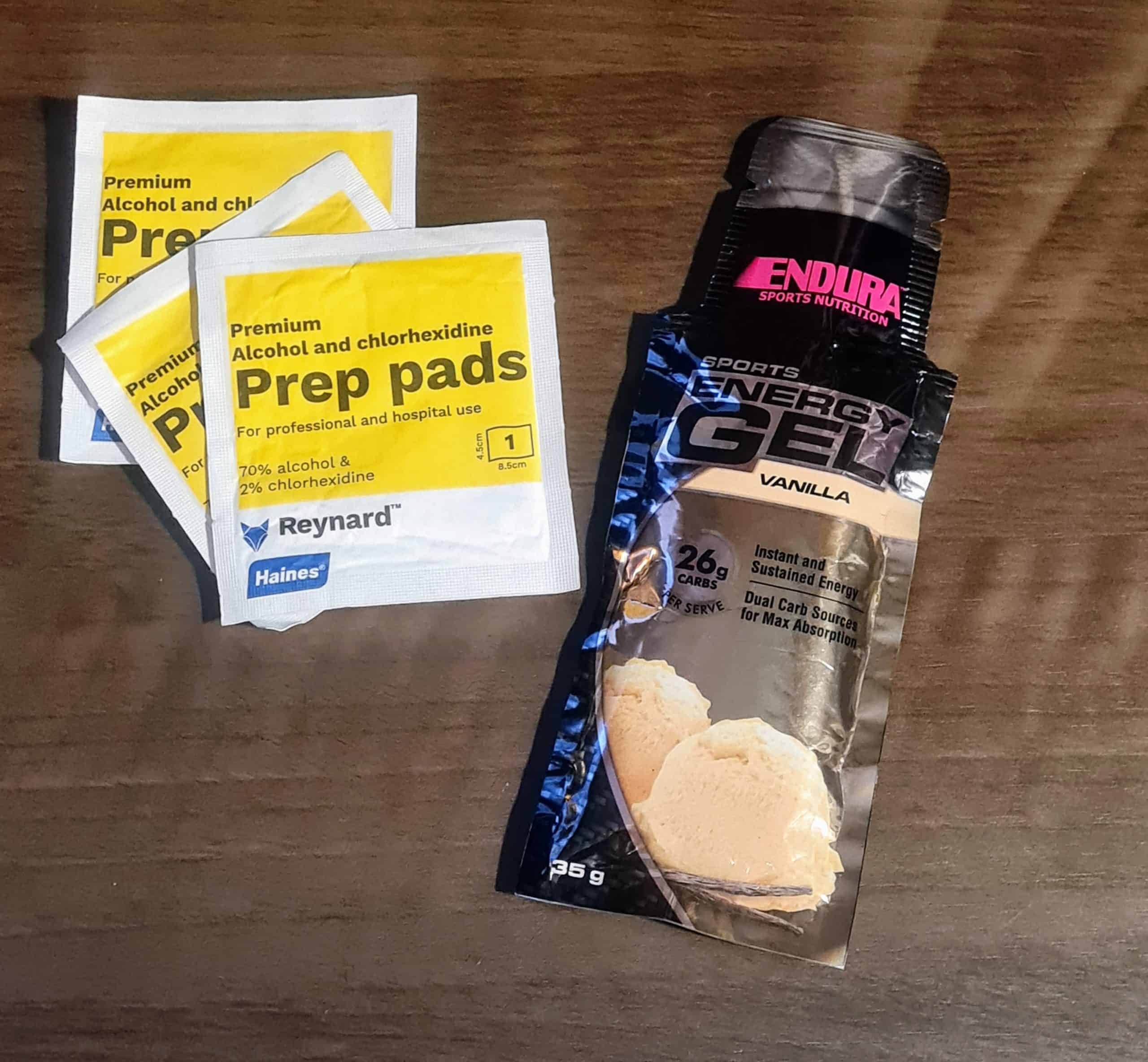 a photo of alcohol prep pads and a energery gel